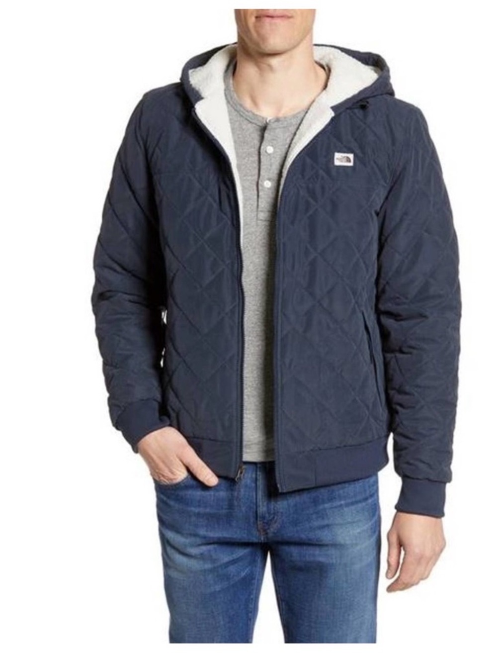 The North Face Men’s Navy Quilted Puffer Jacket with Sherpa Hood
